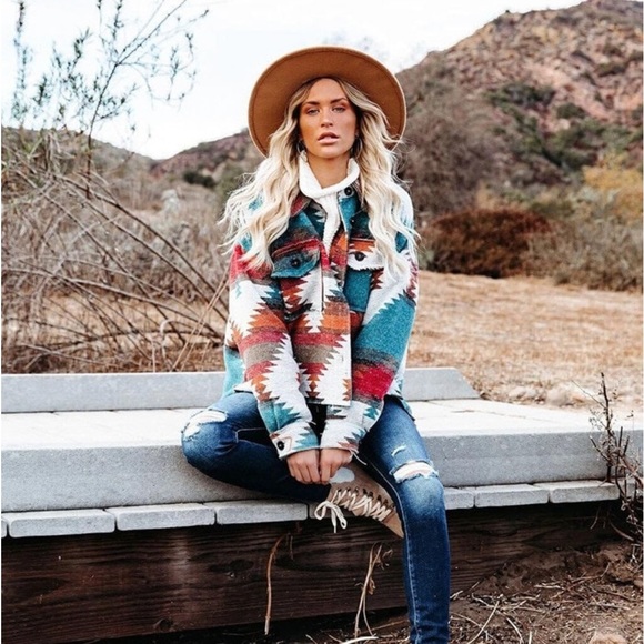 Aztec Western distressed button pocket shacket Yellowstone Multicolor jacket - Picture 6 of 8